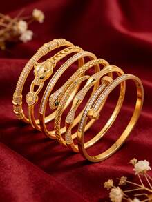 6/1件 - 欧美风格精致手链组合，铜手链+不锈钢手链，全锆石镶嵌+动物元素，小众设计，不冲突 - 金色 - 查看 6