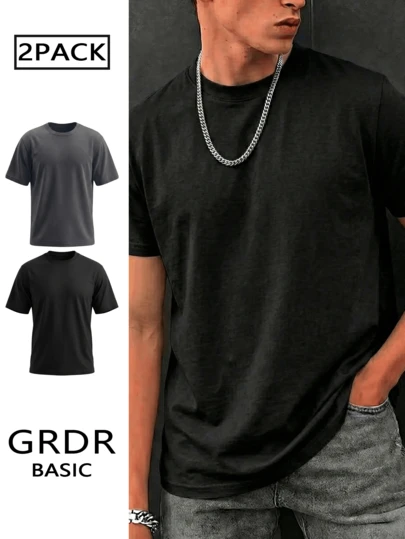 GRDR 2件/套 男士夏季休闲街头基础款纯色圆领短袖T恤，适合日常穿着