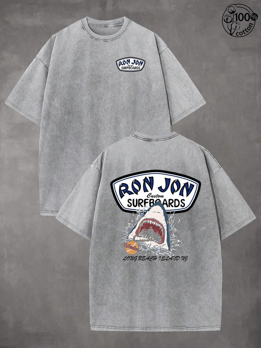 Creative And Versatile Shark Surfing Pattern, Men's Summer Round Neck Short Sleeves, Men's And Women's T-Shirts, 230G Wash Cotton High-Quality Cotton Double-Sided Printed T-Shirts, Suitable For Street Retro And Outdoor Sports And Leisure, Beach, Travel, Perfect Gift. - Grey - View 1