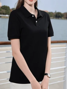 Plus Size Women Classic Polo Shirt, Solid Color Short Sleeve Fitted Casual Basic T-Shirt Sports - Black - View 4