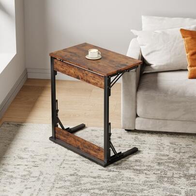 Folding C-Shaped Side Table With Metal Frame And Adjustable Legs, Suitable For Living Room, Bedroom, Or Office. Can Be Used As A Side Table, Coffee Table, Or TV Tray. Dimensions: 60 X 37 X 71 Cm. Brown.