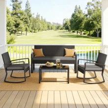 Sala Exterior de Ratán 4 Piezas con Sillas Mecedoras - Set de Muebles para Jardín con Cojines Impermeables y Mesa de Vidrio (Negro) - Negro - Ver 11