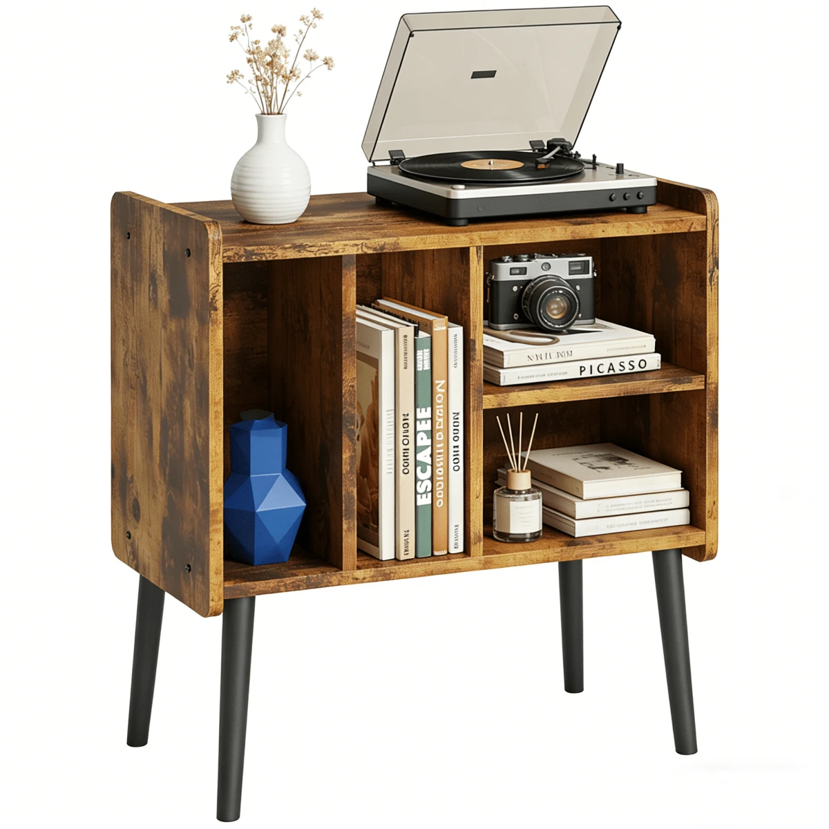 Soporte para reproductor de discos de mediados de siglo, soporte para gabinete de discos de vinilo con almacenamiento de hasta 100 álbumes, mesa de reproductor de discos para sala de estar - Granate - Ver 1