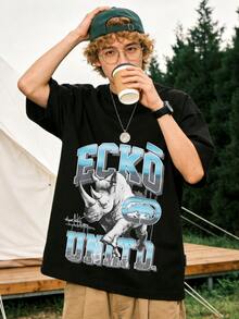 Ecko Unltd Blue Gray Rhino Black T-Shirt, Graffiti Style Urban Street Wear Hip Hop Casual Tee For Men, Graffiti Art Event, Urban Street Style, Summer Hangout, Skateboarding Outfit. - 黑色3 - 查看 1