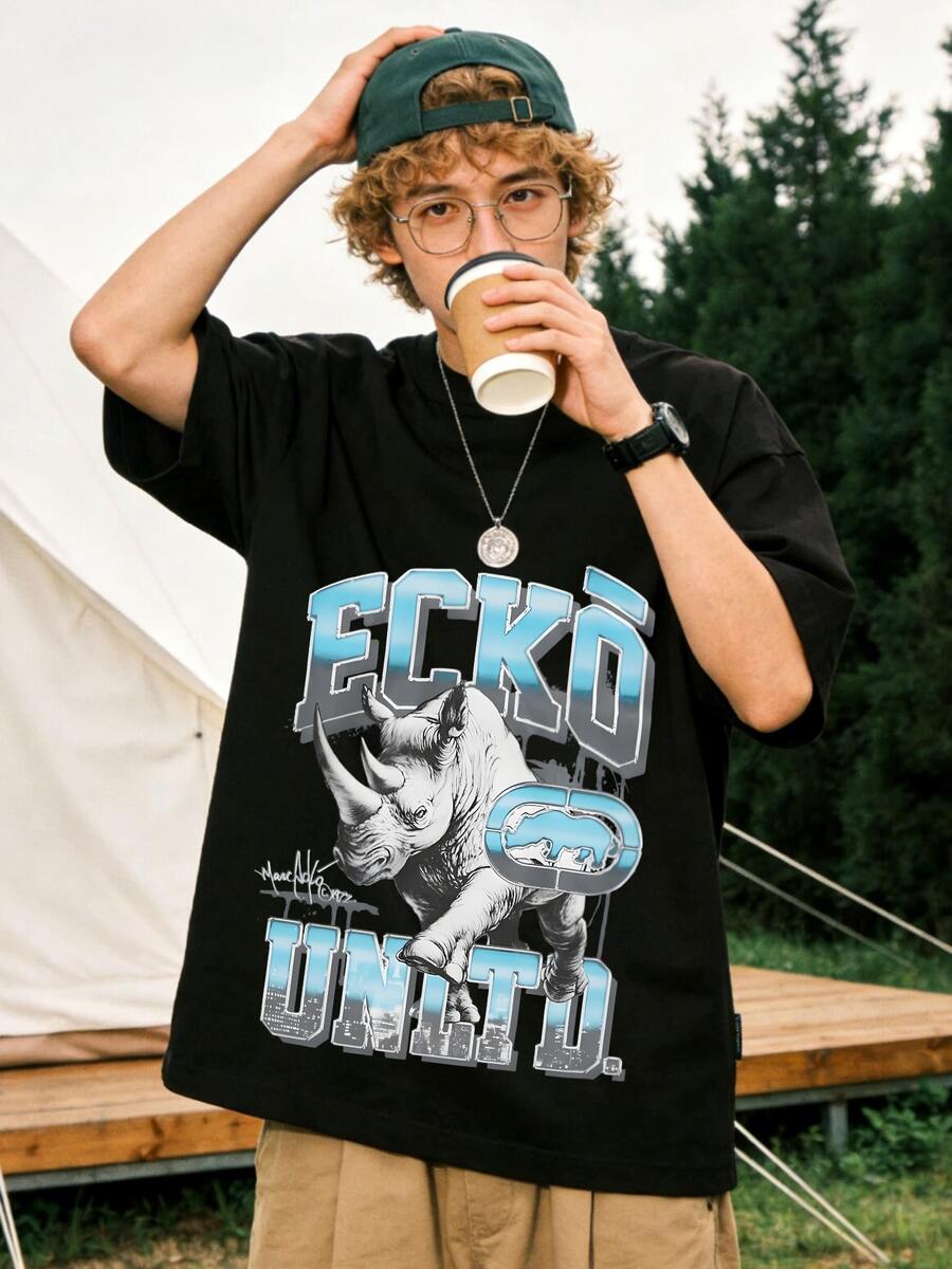 Ecko Unltd Blue Gray Rhino Black T-Shirt, Graffiti Style Urban Street Wear Hip Hop Casual Tee For Men, Graffiti Art Event, Urban Street Style, Summer Hangout, Skateboarding Outfit. - 黑色3 - 查看 1