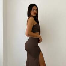 Long Skirt And Cropped Strappy Top Set With Slit For New Year's Eve Party - Rỉ Nâu - Xem 3