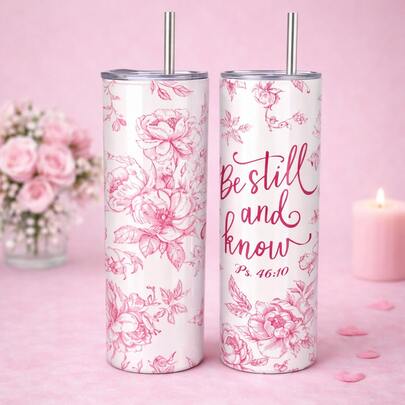 mikenda 1 Pc 20oz Floral Scripture Stainless Steel Tumbler With Straw, "Be Still And Know" Psalm 46:10 Christian Insulated Travel Cup For Coffee, Office, Home & Daily Use