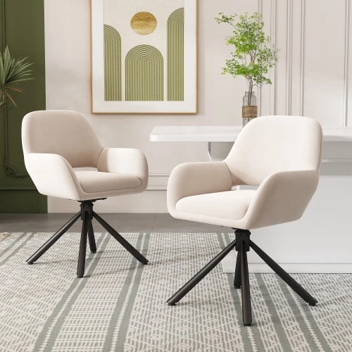 Swivel Dining Chairs In Velvet, Set Of Two With Armrests, Modern And Minimalist Style - Light Brown - View 1