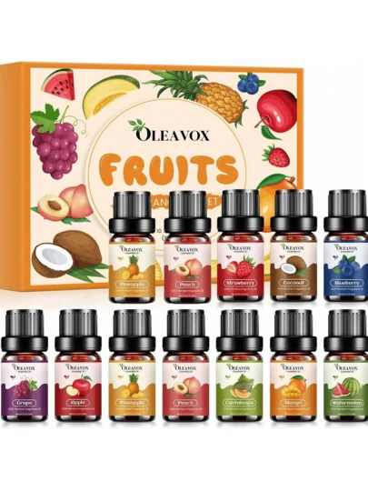MORE BEAUTY Set de regalo de navidad con 12 botellas de aceites esenciales de alta calidad para velas y fabricación de jabón. Coco, fresa, piña, mango, melocotón, manzana, aceite de aromaterapia difusor de frutas para el hogar. ¡Bellamente embalado, ideal para regalar! Como un conjunto de aceites esenciales para fiestas como cumpleaños, halloween, navidad, día de la madre, día del padre, aniversario o inauguración de la casa, infunde su hogar, oficina, estudio de yoga o automóvil con un refrescante sabor afrutado. Simplemente agregue unas gotas a su difusor, humidificador o refrescador de coche para disfrutar de una experiencia de aroma refrescante. Usa nuestros aceites esenciales para crear fragancias frescas y afrutadas durante todo el año