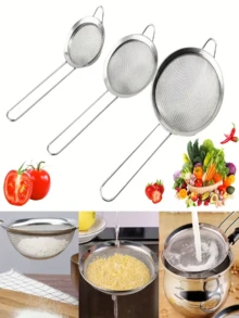 1 pieza Espumadera de acero inoxidable con diseño de malla densa, tamiz de harina de gran tamaño, apto para freír aceite, tamizar harina, filtrar sopa, eliminar residuos, hornear, cocina, freidora, encimera, área de horneado, borde de olla, adecuado para cocina en casa, entusiastas de la fritura, expertos en repostería, cocinas de restaurantes, organización de la cocina - Multicolor - Ver 6
