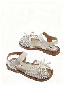 EUR 23-36 Sizes Toddler Kids Girls Beige PU Leather & Lace Open-Toe Sandals, Delicate Bow Detail Adjustable Ankle Strap With Soft Padded Insole & Non-Slip Rubber Sole, Casual Summer Shoes For Beach Vacation, Daily Play, Birthday Party & Family Outings - 米色 - 查看 10