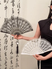 Folding Hand Fans,Foldable Lace Fans,Chinese Folding Fans,Retro Folding Fans,Tassel Handheld Bamboo Fans,Haitang Fans,Bamboo Fans - Image - View 4