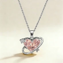 1 PC Fashionable And Individual Planet Heart Clavicle Chain, Sweet Girl Style Pink And White Zirconia Pendant Necklace - Heart - View 6