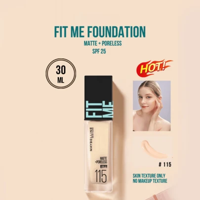 Maybelline Fit Me Matte & Poreless Foundation SPF 17 #115 Natural Ivory, 5/30ml Options, 24-Hour Hydration, 3-In-1 (Set, Touch Up, Brightening), Seamless Matte Finish, Long-Lasting Nourishing, 3-Step Easy Application, Suitable For Fair, Light, And Oily Skin Tones, Creates A Lasting Flawless Base Makeup.
