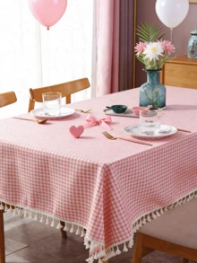 1/20pcs Cute Casual Fringed Plaid Tablecloth, Skin-Friendly Absorbent Reusable, Suitable For Valentine's Day Picnic, Party, Decoration For Living Room, Dining Room, Home Daily Use - Pink - View 2