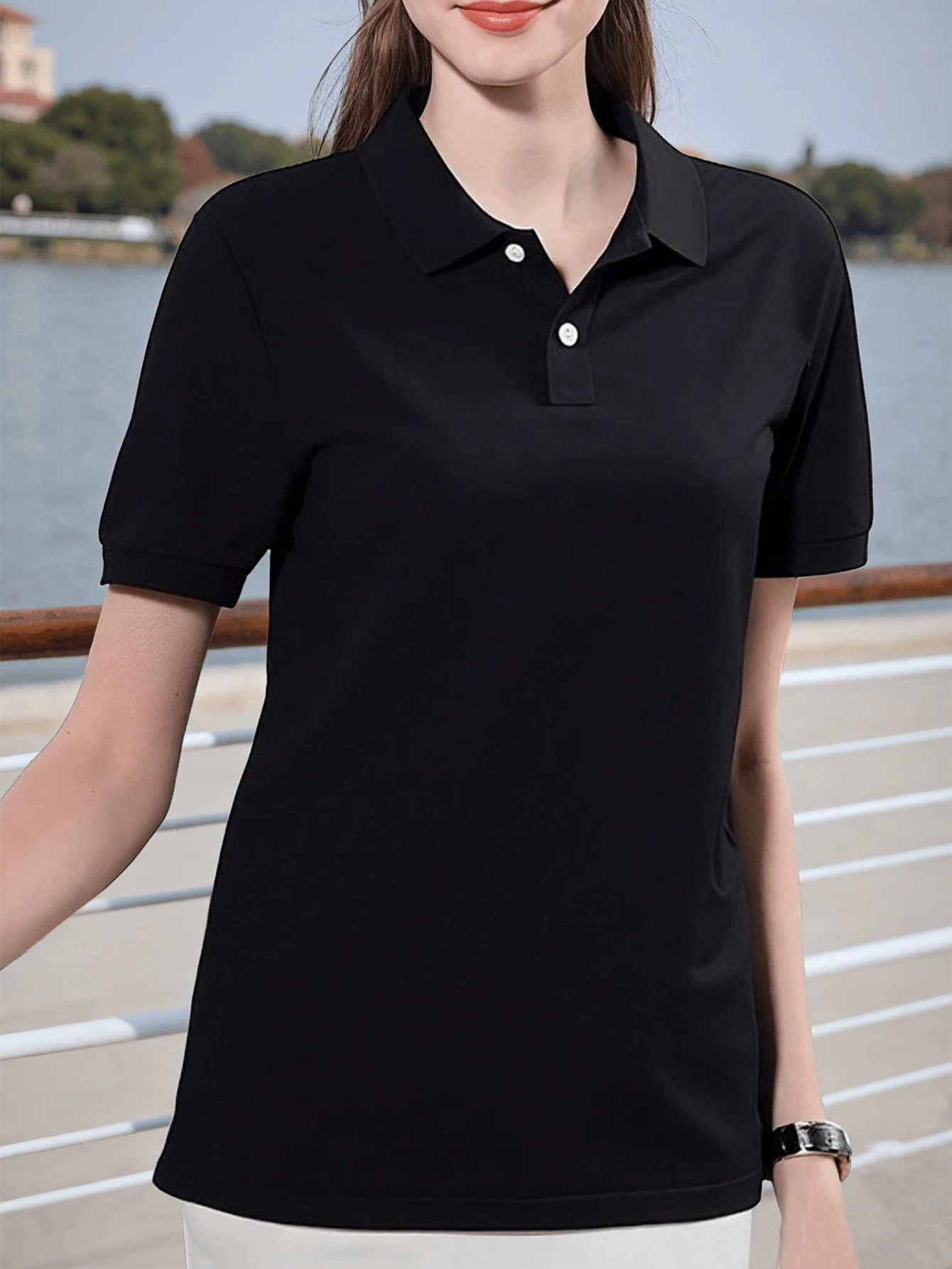 Plus Size Women Classic Polo Shirt, Solid Color Short Sleeve Fitted Casual Basic T-Shirt Sports - Black - View 1