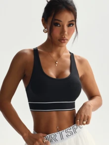 Women's Solid Color Round Neck Removable Padded Mesh Splice Strap Comfortable Sports Knit Bra Black Spring - Black - View 6