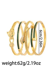 4件套 - 多功能金手镯套装，铜手镯+不锈钢手镯，绿色锆石+雕刻设计，经久耐用不褪色，通勤和约会时引人注目。 - 金色 - 查看 2
