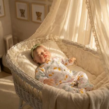 19-Inch Vinyl Mango Print Romper Teddy Handmade Reborn Doll, Fabric Body Realistic Doll, Handmade Implanted Golden Hair, Companion Collectible Toy. (Comes With Random Pacifier, Bottle, Diaper) - Mint Green - View 7