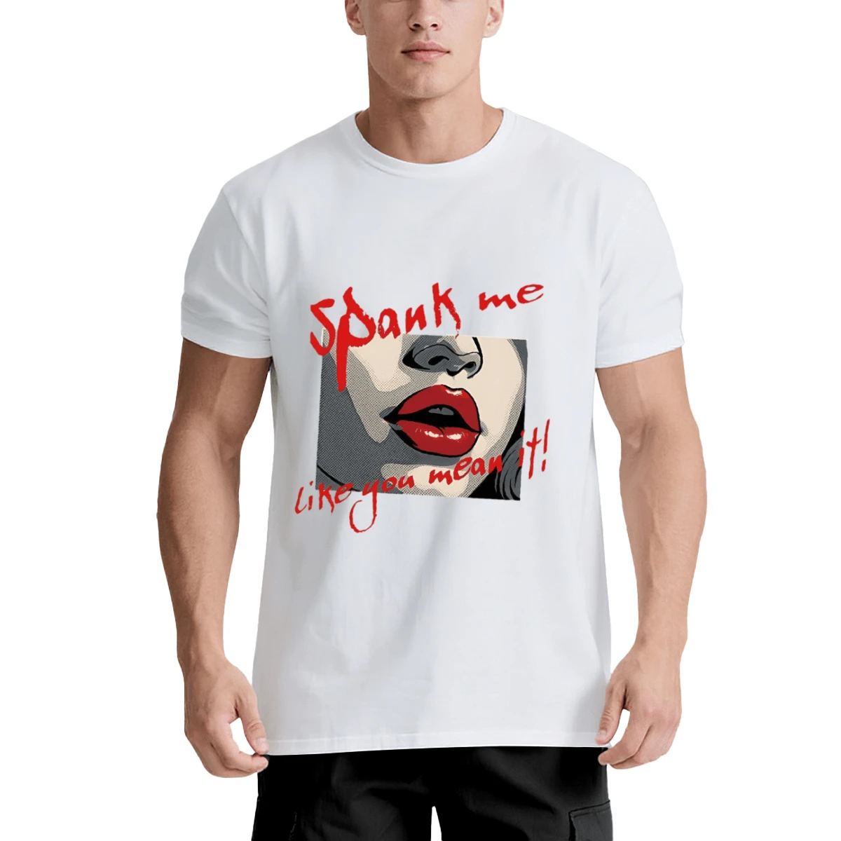 Camiseta negra con el estampado "Spank Me Like You Mean It" y diseño de labios rojos para uso casual. - Blanco - Ver 1