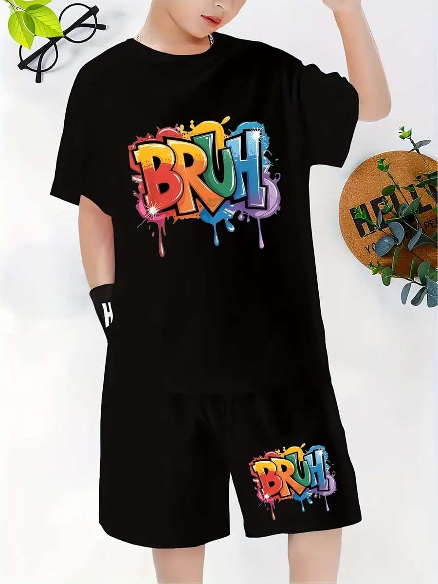 Boys' Clothing, Lightweight And Airy Summer T-Shirt And Shorts Combo With Vibrant Graffiti Letter Design, Ideal For Casual Wear, Sports, And Outdoor Activities, For Outdoor - 黑色 - 查看 1