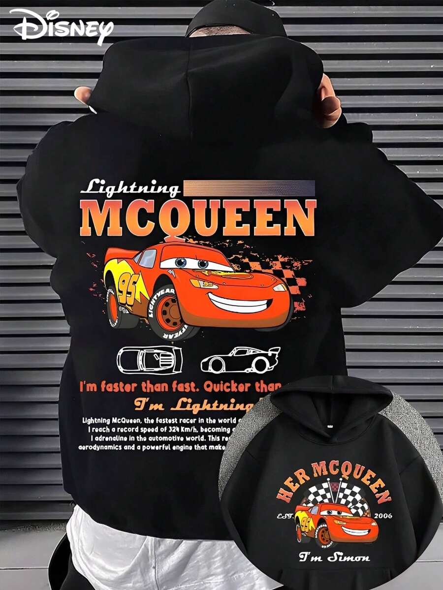 Disney MCOUEEN  Printed Heavyweight Long-Sleeved Hooded Sweatshirt, Perfect For Autumn And Winter, Versatile And Casual, Suitable For Any Occasion - màu đen - Xem 1