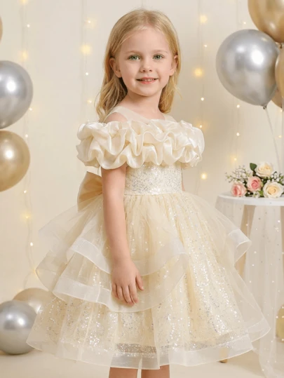 Girls' Princess Dress, 4-8 Years Old Girls' Party Dress, Elegant Princess Style, Sequin Decor, Layered Tulle, A-Line Puff Skirt, Off-Shoulder Tulle Puff Dress, Flower Girl Chic Princess Dress, Girls' Party Dress Sequin Performance Outfit, Suitable For Birthday Party/Wedding/Family Gathering/Banquet/Photo Shoot/Stage Performance, Popular Recommendation, Exquisite Design, Comfortable Fit, Flattering Silhouette, Suitable For Spring/Summer/Autumn