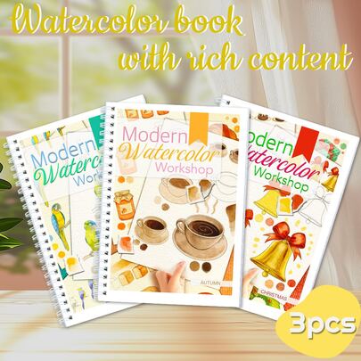 水彩涂色书套装（3本）：秋季、鸟类和圣诞节主题，便携尺寸21*14厘米，螺旋装订，优质厚纸，适合初学者，附有分步教程和色彩混合指南，是放松身心和激发创造力的理想之选，也是完美的节日礼物。