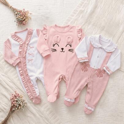 Nika Baby Kit 3 macacões bebê menina em malha de algodão