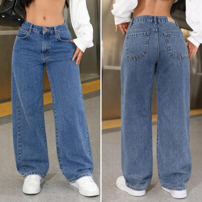 Calça Jeans Feminina Wide Leg Azul Jeans Cintura Alta Pantalona 100% Algodão Boca Larga