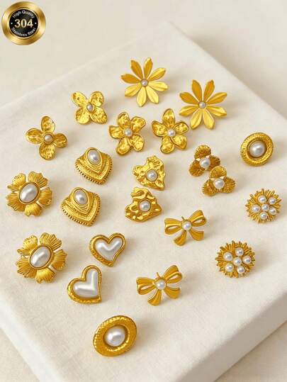 3/6/9pcs Set High Quality Gold Plated Stainless Steel Pearl Flower & Heart Shaped Earrings, Elegant Accessories Gift For Men, Valentine's Day, Summer