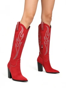 Knee High Cowboy Boots For Women Pointed Toe Chunky High Heels Pull-On Embroidered Boots Western Boots Wide Calf Cowgirl Boots - Màu đỏ C - Xem 6