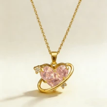 1 PC Fashionable And Individual Planet Heart Clavicle Chain, Sweet Girl Style Pink And White Zirconia Pendant Necklace - Heart - View 5