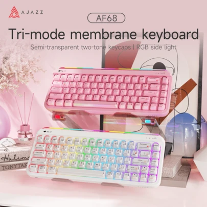  AJAZZ AF68 Wireless Membrane Keyboard, Semi-Transparent Keycaps, 3-Mode Connection, RGB Side-Lit, Dopamine Color Scheme, 4000mAh, Cute Office Keyboard, Velvet Gift Box