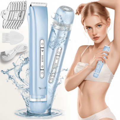 双头女士电动剃毛器和比基尼修剪器，无痛面部脱毛，IPX7级防水，干湿两用，可调节修剪长度，适用于私密部位、腋下和全身脱毛，重现青春光彩，是女士节日送礼的完美美容佳品。