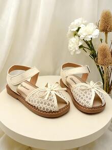 EUR 23-36 Sizes Toddler Kids Girls Beige PU Leather & Lace Open-Toe Sandals, Delicate Bow Detail Adjustable Ankle Strap With Soft Padded Insole & Non-Slip Rubber Sole, Casual Summer Shoes For Beach Vacation, Daily Play, Birthday Party & Family Outings - 米色 - 查看 2