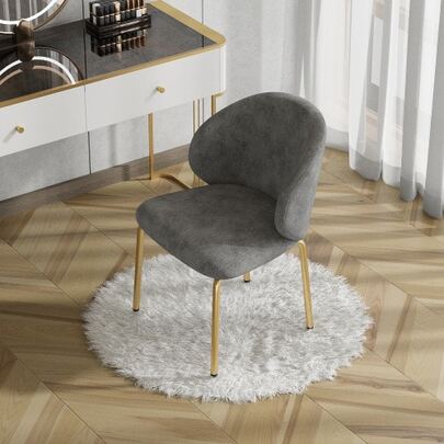 Dining Chair, Lounge Chair, Dressing Table Chair, Gold Chair Legs, Chenille Fabric, Grey, Dimensions: Width 47.5 Cm X Depth 56 Cm X Height 74 Cm