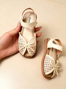 EUR 23-36 Sizes Toddler Kids Girls Beige PU Leather & Lace Open-Toe Sandals, Delicate Bow Detail Adjustable Ankle Strap With Soft Padded Insole & Non-Slip Rubber Sole, Casual Summer Shoes For Beach Vacation, Daily Play, Birthday Party & Family Outings - 米色 - 查看 4