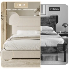 Queen Bed Frame With Headboard, Boucle Upholstered Soft Platform Bed Frame With Thickened Footboard,  Rounded Corners Design, Twin/ Full/ Queen/ King, Grey/ White/ Beige/ White/ Black - 奶油 - 查看 3