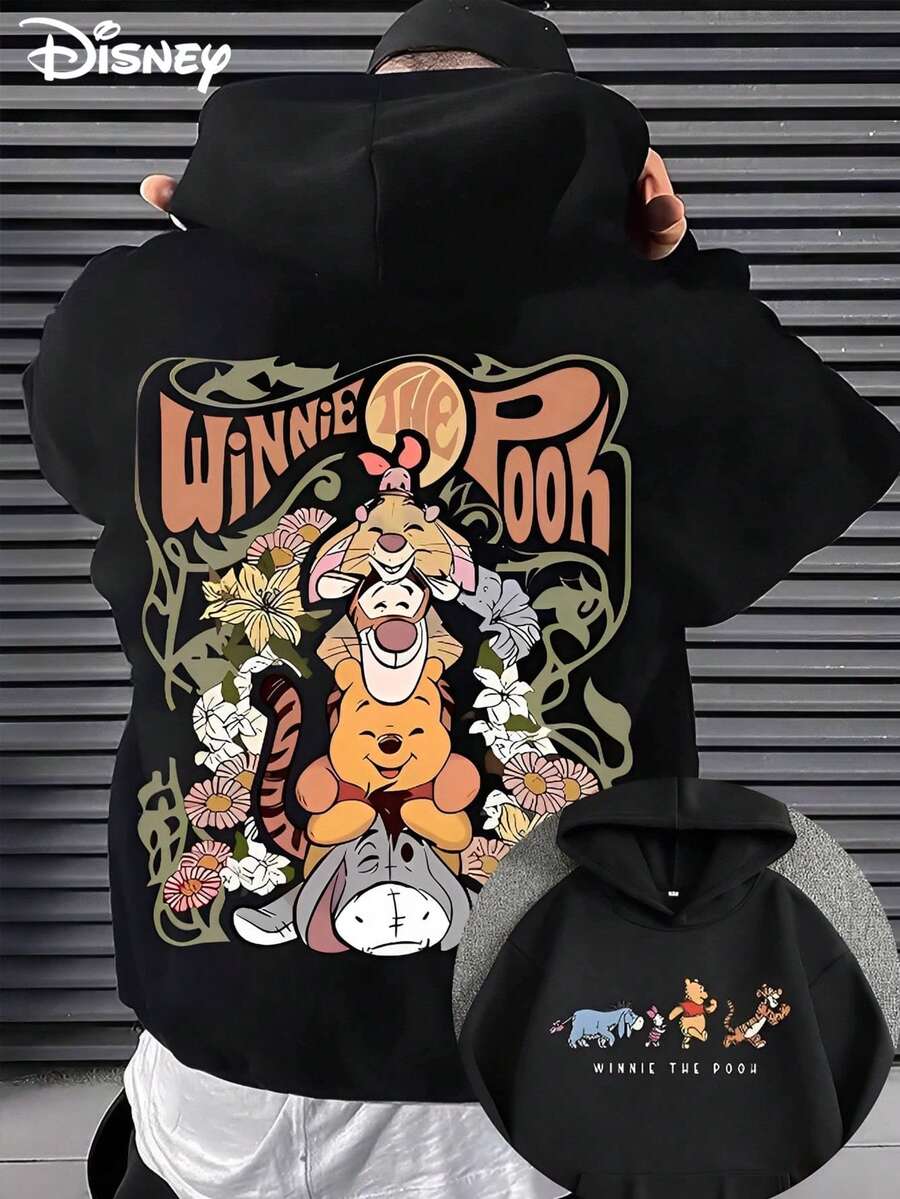 Disney WINNIE THC POOH Printed Heavyweight Long-Sleeved Hooded Sweatshirt, Perfect For Autumn And Winter, Versatile And Casual, Suitable For Any Occasion - màu đen - Xem 1
