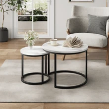 Set Of Two White Built-In Coffee Tables, 60cm Round Coffee Tables With Metal Frames, Modern Style Two-Piece Coffee Table Set For Living Room, Bedroom, Balcony, Terrace, Office, Small Space - White - View 1