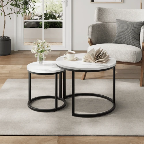 Set Of Two White Built-In Coffee Tables, 60cm Round Coffee Tables With Metal Frames, Modern Style Two-Piece Coffee Table Set For Living Room, Bedroom, Balcony, Terrace, Office, Small Space - White - View 1