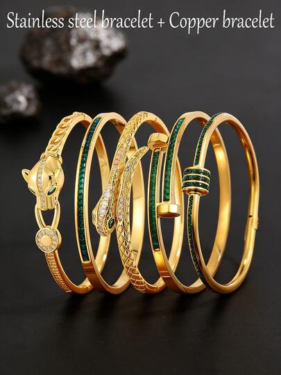 5/1pc - Light Luxury Gold Bracelet Set, Made Of Copper And Stainless Steel, Featuring A Cheetah Snake Shaped Zirconia Inlay Design. It Exudes A Sense Of Luxury When Worn On A Daily Basis, Making It An Exquisite Jewelry For Commuting And Holiday Banquets. It Is Also The Perfect Gift For Valentine's Day