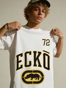 Ecko Unltd 72 Gold Graphic White T-Shirt, Vintage Sports Style Rhino Logo Casual Urban Tee For Men, Casual Sports Event, Summer Barbecue, Retro Street Style, Daily Errands. - 白色2 - 查看 1