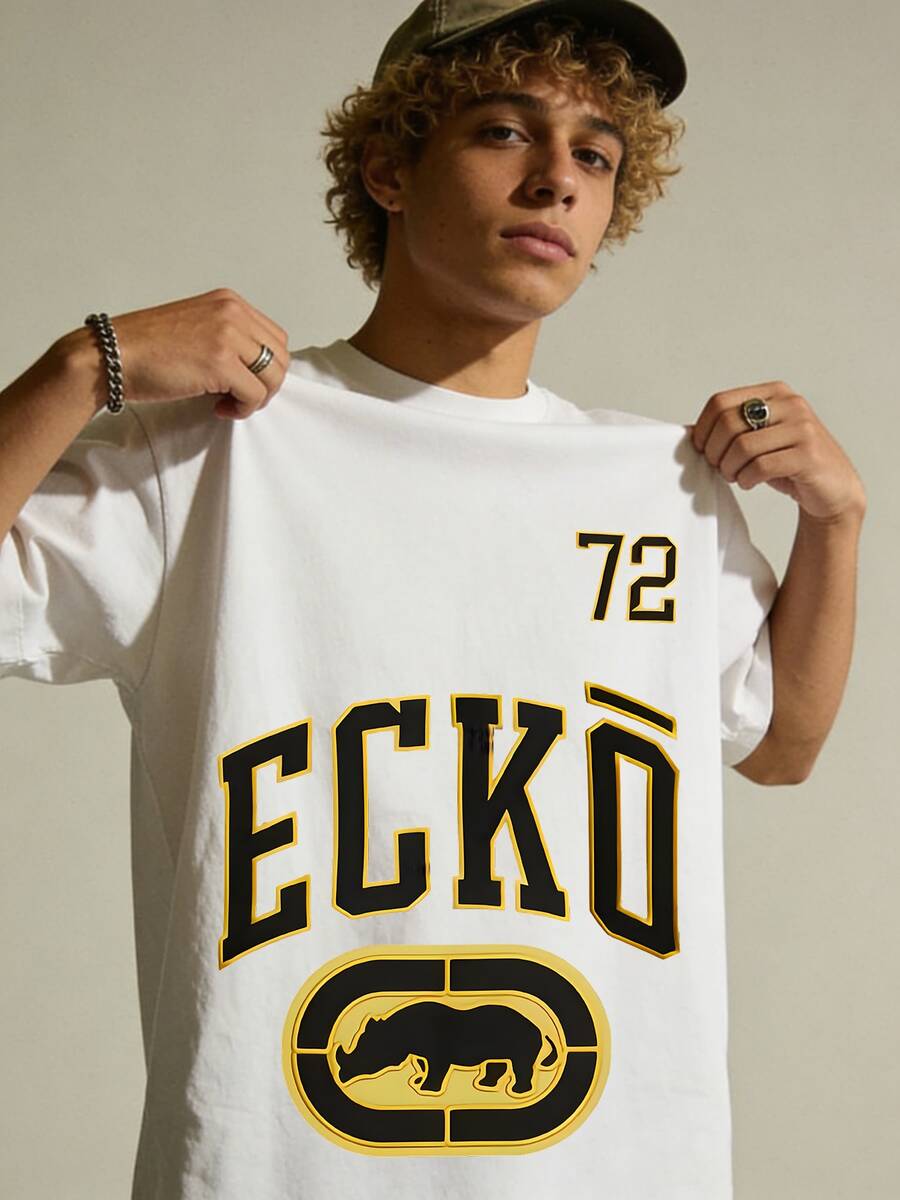 Ecko Unltd 72 Gold Graphic White T-Shirt, Vintage Sports Style Rhino Logo Casual Urban Tee For Men, Casual Sports Event, Summer Barbecue, Retro Street Style, Daily Errands. - 白色2 - 查看 1