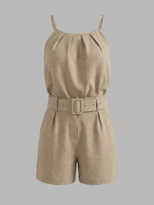 ANCHOSE 女士卡其色褶皱吊带背心+松紧腰短裤套装（含腰带），休闲日常度假街头穿搭 - 卡其 - 查看 2