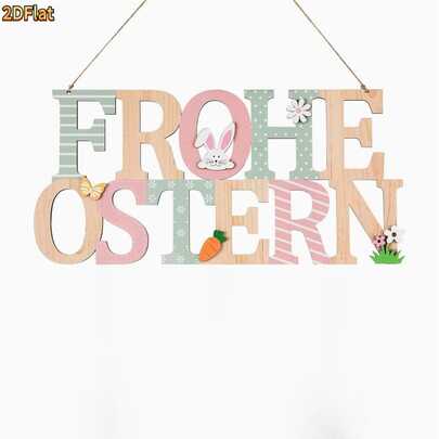 1个木制复活节花环 | 快乐复活节兔子和彩蛋装饰，适合农舍春季复活节主题派对户外门装饰，木制春季花环，可用于门廊、前门、墙壁和窗户