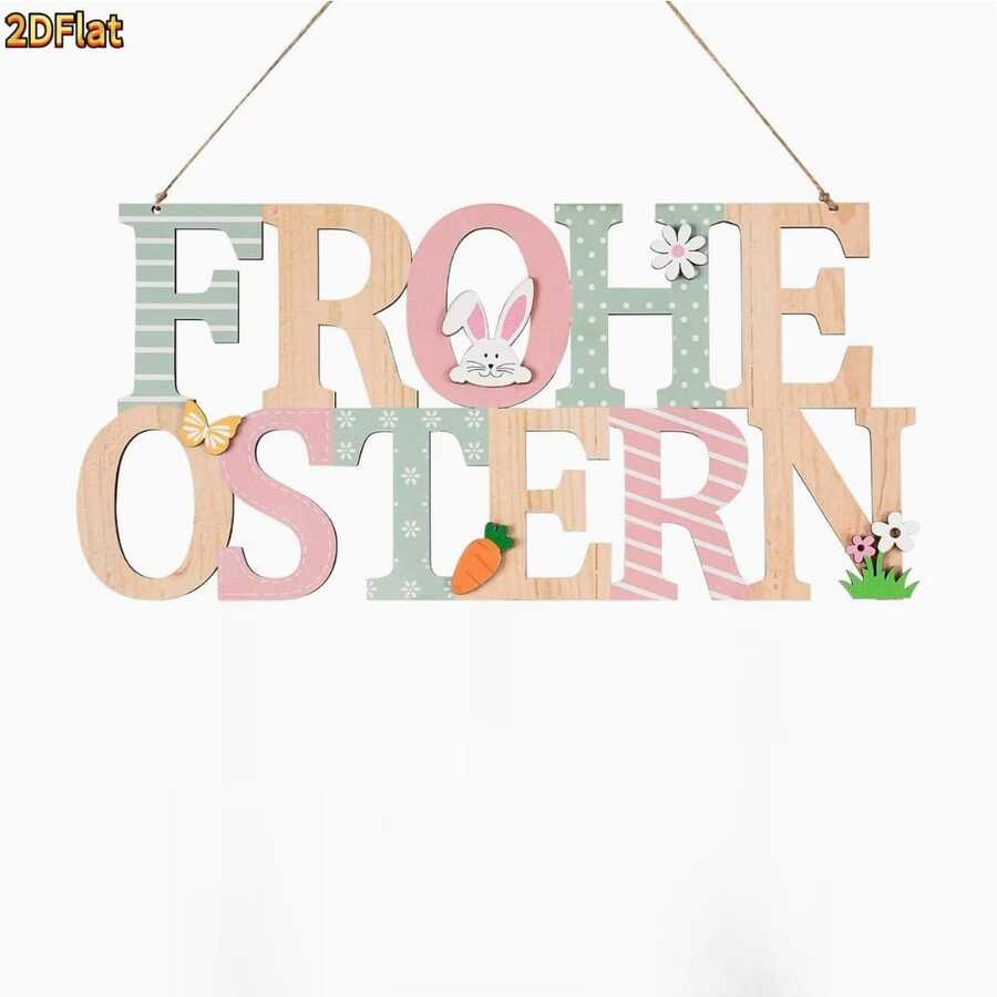 1pc Wooden Easter Wreath | Happy Easter Rabbit & Egg Decor, Suitable For Farmhouse Spring Easter Theme Party Outdoor Door Decoration, Wooden Spring Wreath For Porch, Front Door, Wall And Window - Multicolor - View 1