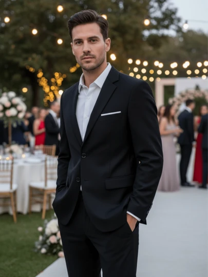 2pcs Men's Suit Set, Including Blazer Jacket And Trousers, Suitable For Business, Wedding, Party, Banquet And Other Formal Occasions, Elegant Solid Color Long Sleeve Slim Fit Suit Set, Size XS-XXXL