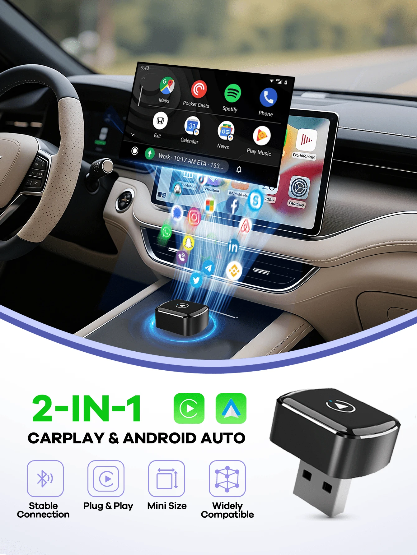 REMAX Bộ chuyển đổi Carplay không dây 2 trong 1 tương thích với Apple CarPlay & Android Auto; Kích thước nhỏ gọn; Cắm và sử dụng; Bộ chuyển đổi không dây Car Play tương thích với iPhone iOS 6+, Android 11+, kết nối nhanh và ổn định; Phụ kiện ô tô, đồ dùng ô tô siêu tiện dụng